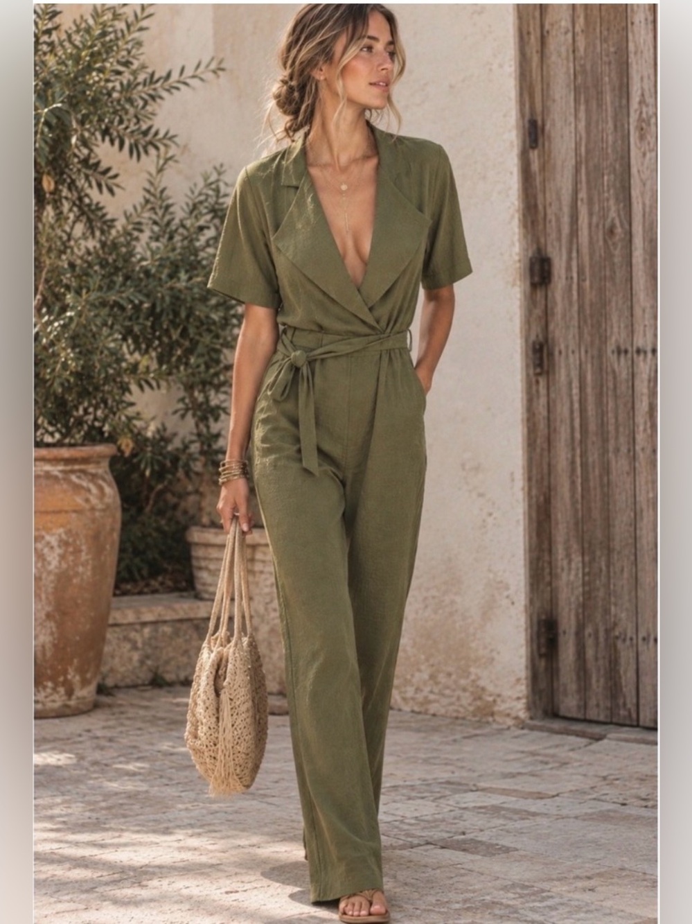 ASOS Olive Short-Sleeve Tie-Waist Jumpsuit